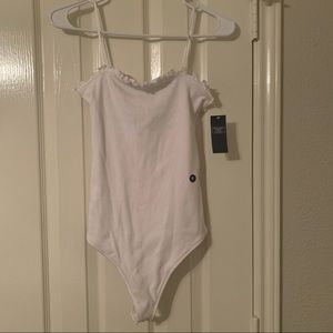 White abercrombie & fitch bodysuit with ruffle across top